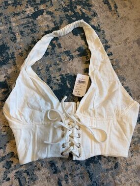 Windsor White Lace-Up Halter Crop Top
